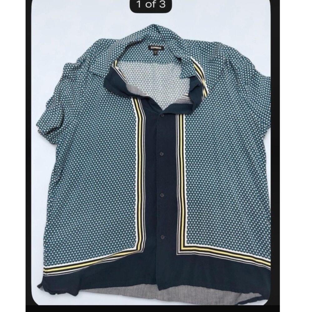 Express Men's M Regular Blue Geometric Short Sleeve Collared Button-Up Shirt